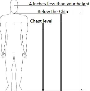 White cane length to height (4" less than your height, below the chin, or chest level)