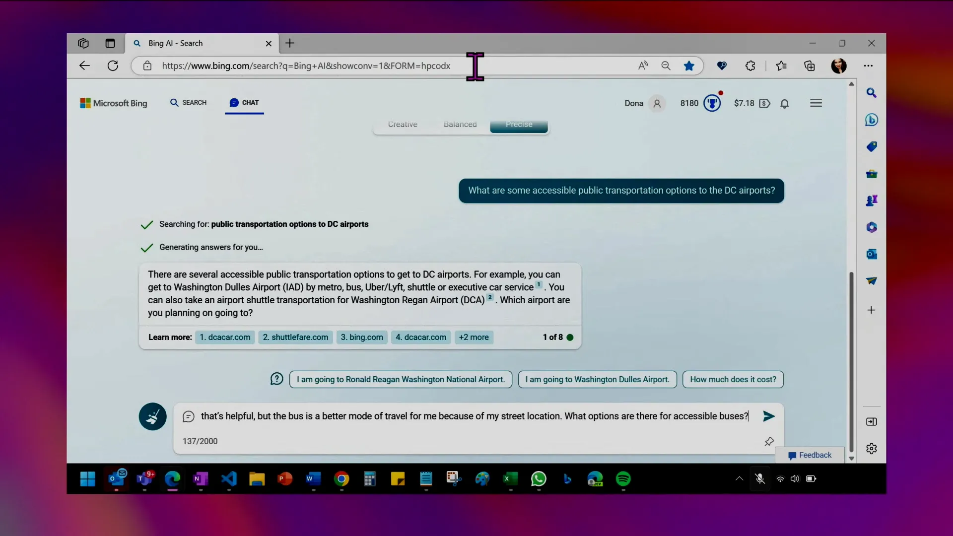 The new Bing powered with OpenAI's ChatGPT. In this example, a wheelchair user is asking for accessible public transport options to DC airport.
